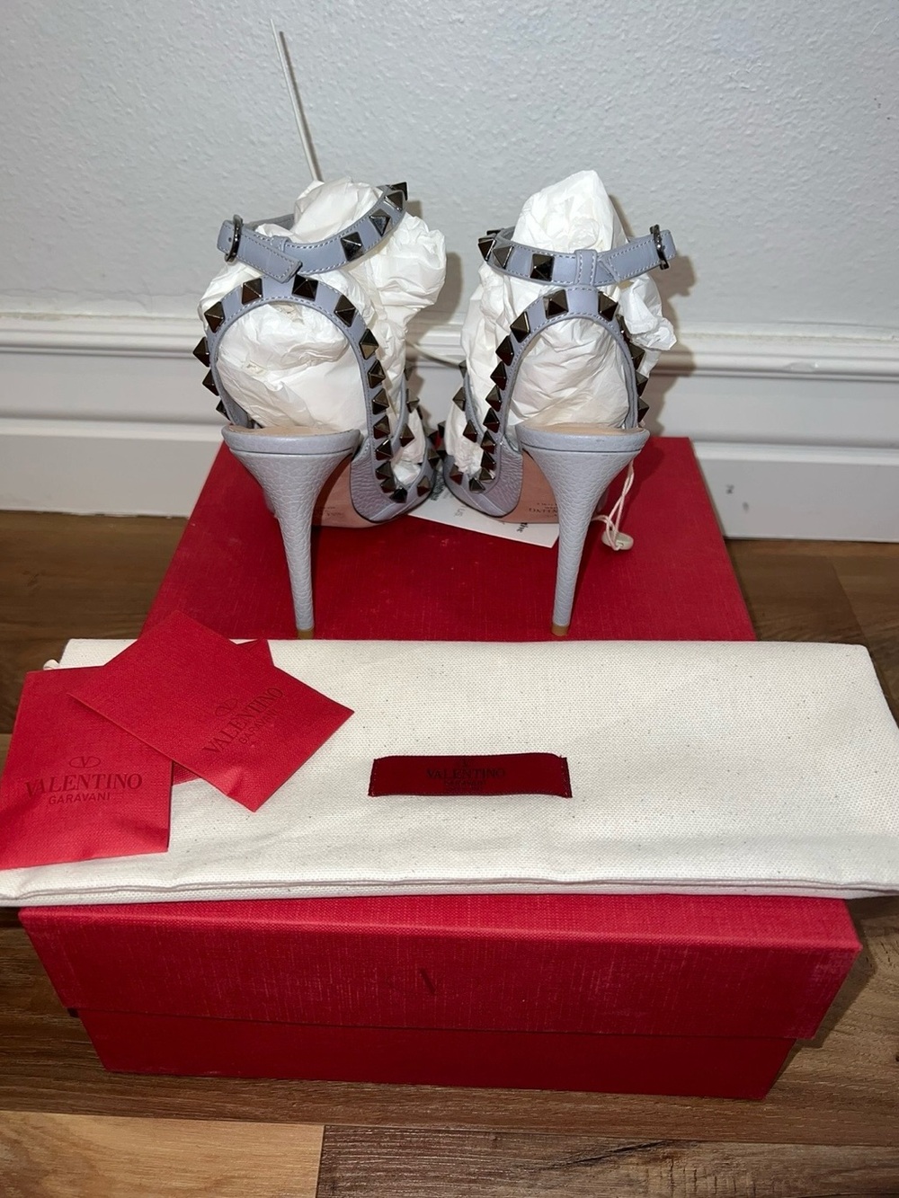 Valentino Garavani Powder Blue Studded Pointed-Toe Strappy Pump - Picture 2 of 5